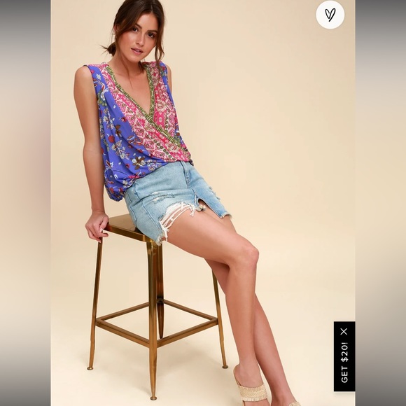 Free People Havana Blue Floral Print Sleeveless Surplice top, sz XS - Picture 3 of 13